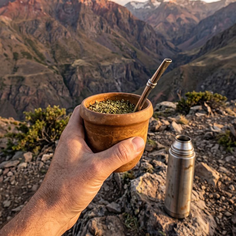 Suova Matera con yerba y bombilla en la mano, en una cumbre de la cordillera, con un termo al lado